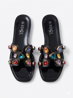 Rouge Helium Women's Jewel Embellished Slide Sandals with Multicolor Rhinestones